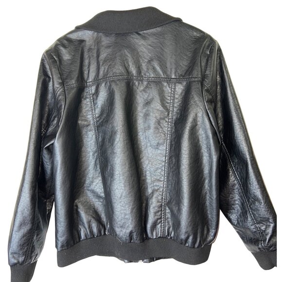 Paris Blues Womens Black Faux Leather Bomber Jacket 1X With Zipper Front & Ribbe - Picture 3 of 5